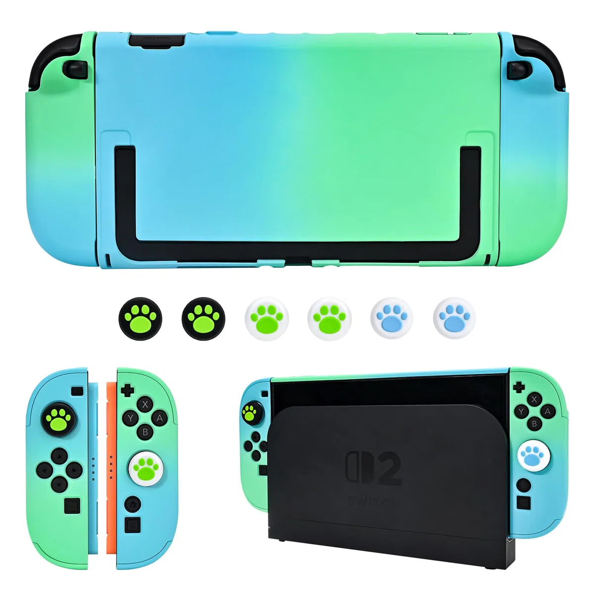 DLseego Funda para Switch 2 2025,Funda Protectora Dockable de PC con 2 Mangos y 6PCS Agarres para el Pulgar,Azul+Verde