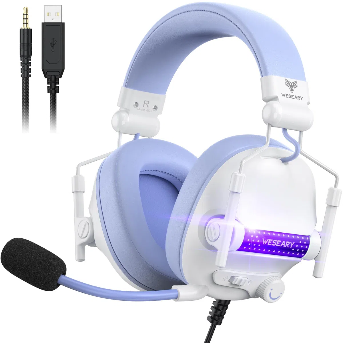 WESEARY Cascos Gaming, Auriculares Gaming Estéreo con Micrófono para PS4/PS5/PC/Xbox One/Switch, Cascos con Cable y Conector de 3.5mm, Luz RGB Genial para Cancelación de Ruido