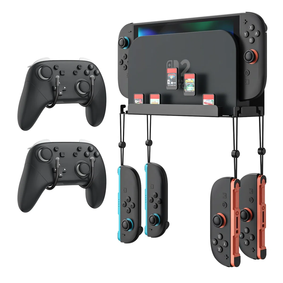 MoKo Soporte de Pared para Consola Nintendo Switch 2 2025, Soporte de Metal con Ganchos para Controlador Joy-con, con Agujeros Disipar Calor, Fácil Instalación Guarda Switch Cerca del TV, Negro