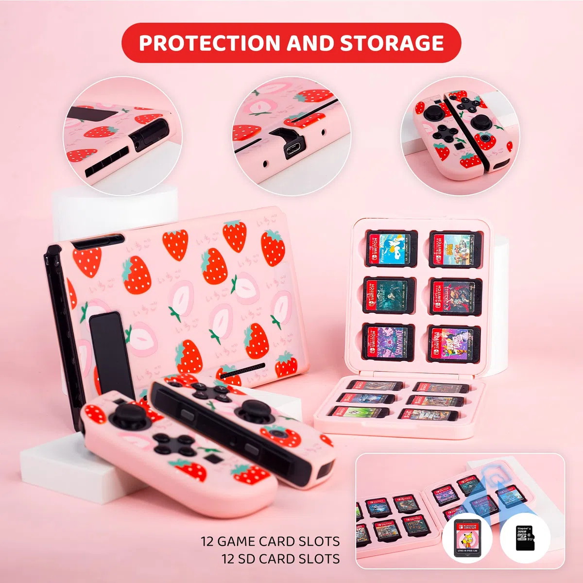 RHOTALL Bonita funda de transporte de fresa para Nintendo Switch, funda de viaje portátil rígida para accesorios de Switch con carcasa protectora, correa para el hombro, funda para tarjetas de juego,