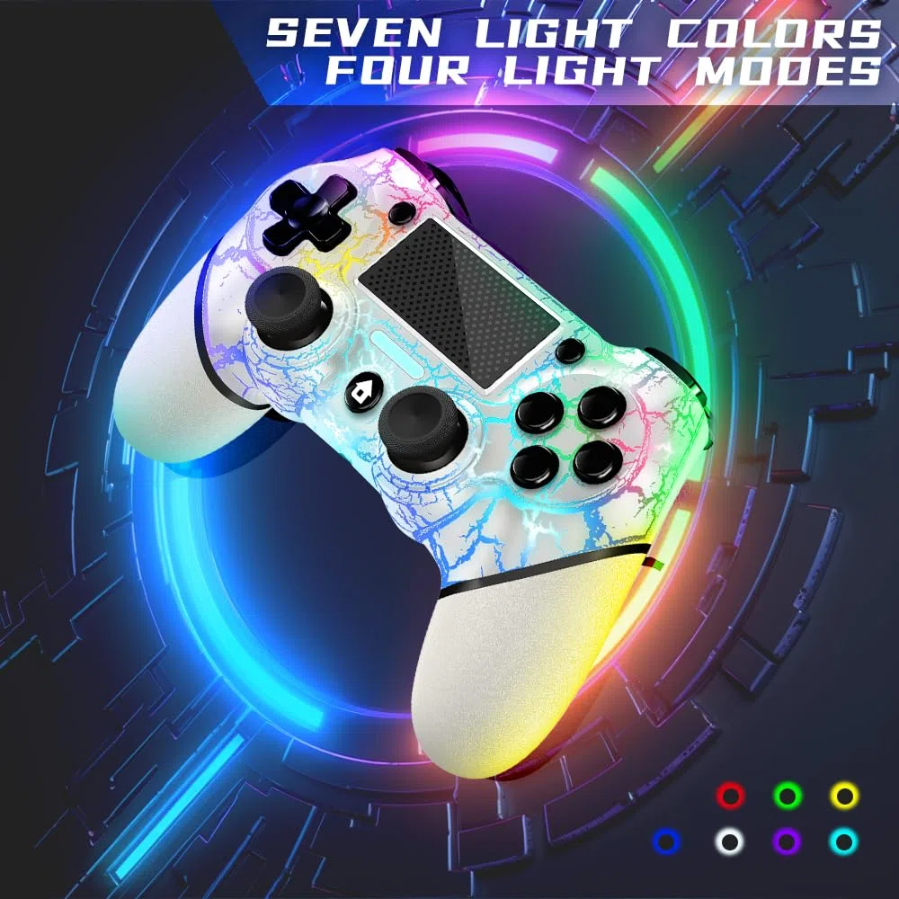 AceGamer Mando Inalámbrico para PS4, Con Luces RGB, Jack de Audio de 3.5mm, Joystick Gamepad V2 Compatible con PS4 / Slim/Pro y Windows PC (Blanco)