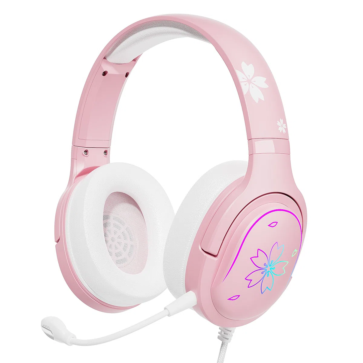 Rosa Auriculares Gaming PS4/PS5, Cascos Gaming con Micrófonocon reducción de Ruido PC, Auriculares Gamer con Cable para Xbox/NS con Estéreo de Graves Profundos, Auriculares con Luces RGB, Sakura
