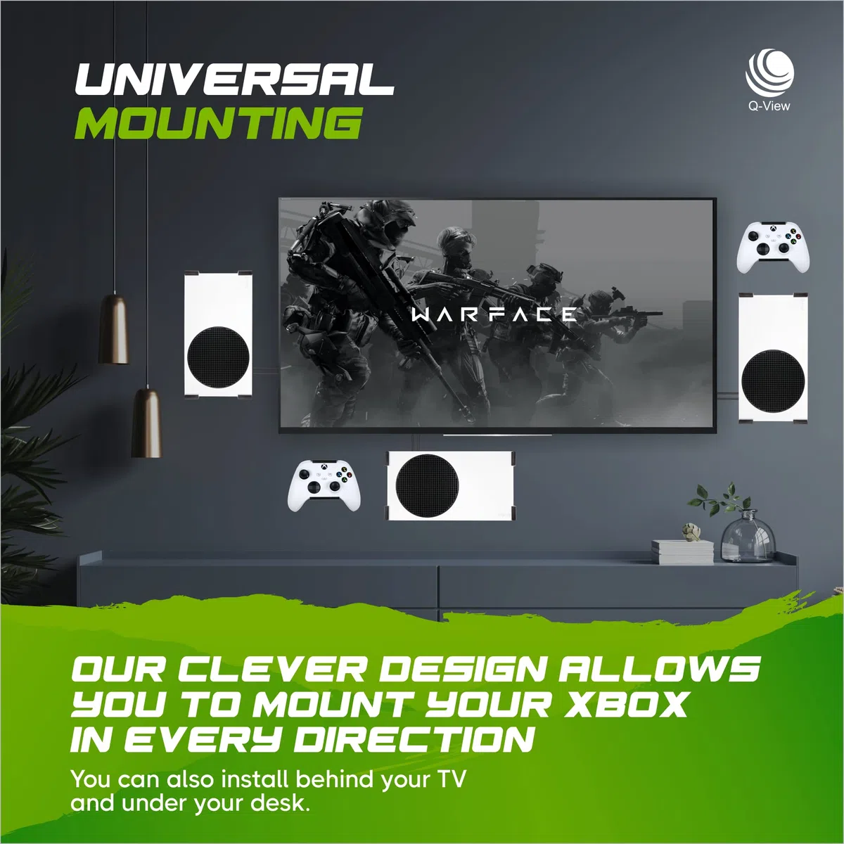 Soporte de pared y controladores Xbox Series S por Q-View - Se monta firmemente debajo del escritorio - Diseño Signature X - Tornillos y fijaciones incluidos - Fabricado en el Reino Unido - Plástico -