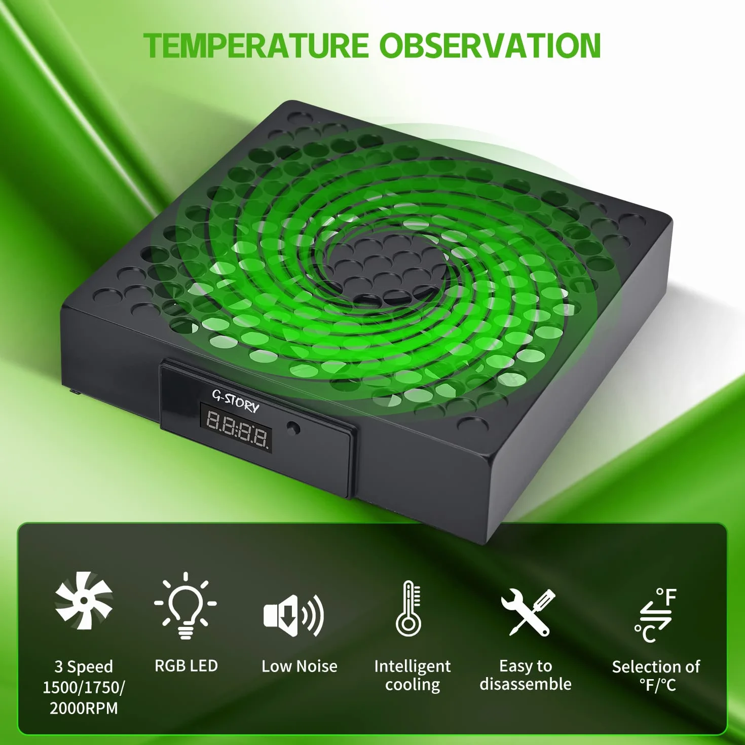 G-STORY Ventilador para Xbox Serie X con velocidad automática del ventilador ajustable por temperatura, pantalla LED,3 velocidades 1500/1750/2000RPM (140MM)(Negra)
