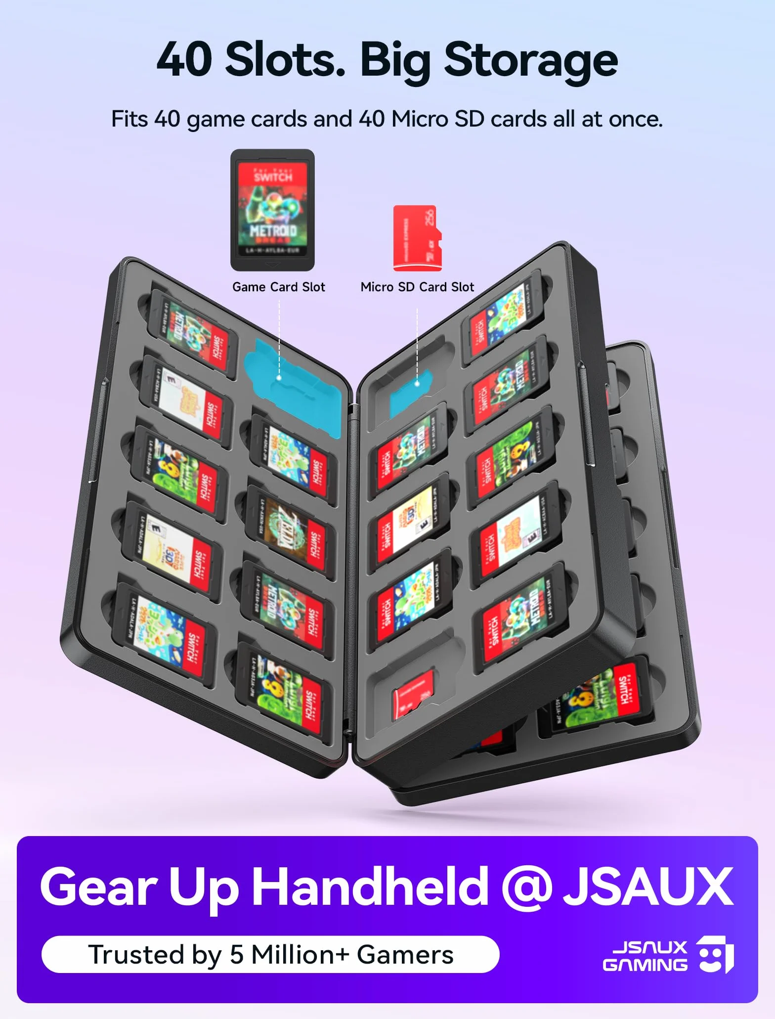 JSAUX Caja para Tarjetas de Juego Compatible con Nintendo Switch 2 (2025), Switch OLED y Lite, Game Card Case Estuche rígido para 40 Cartuchos y Tarjetas Micro SD, Accesorio para Switch – Negro