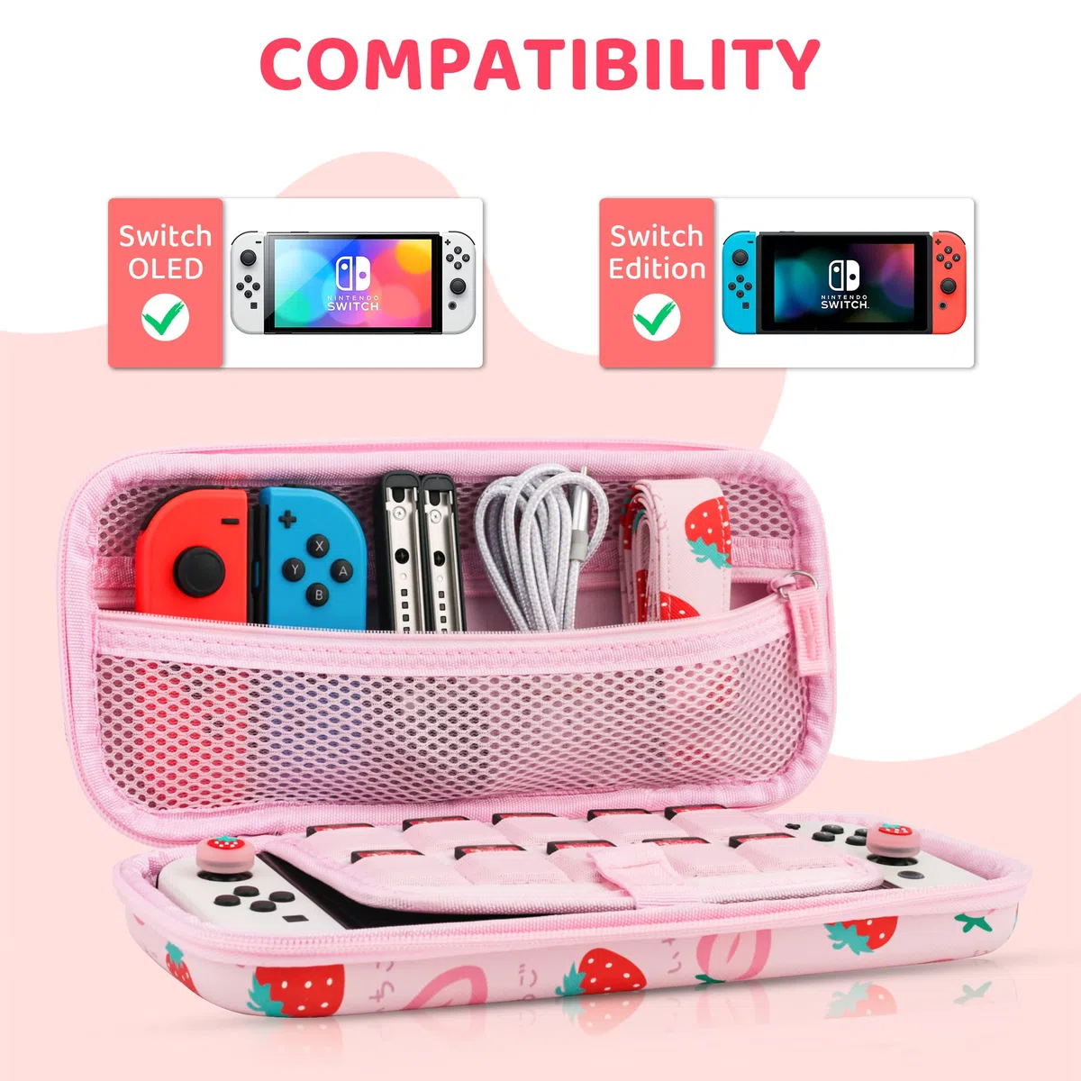 FANPL Funda de Transporte para Nintendo Switch y Switch OLED, Paquete de Funda de Viaje Rosa Fresa con Correa de Hombro Ajustable, agarres para el Pulgar, Funda Protectora rígida antiarañazos, Pink
