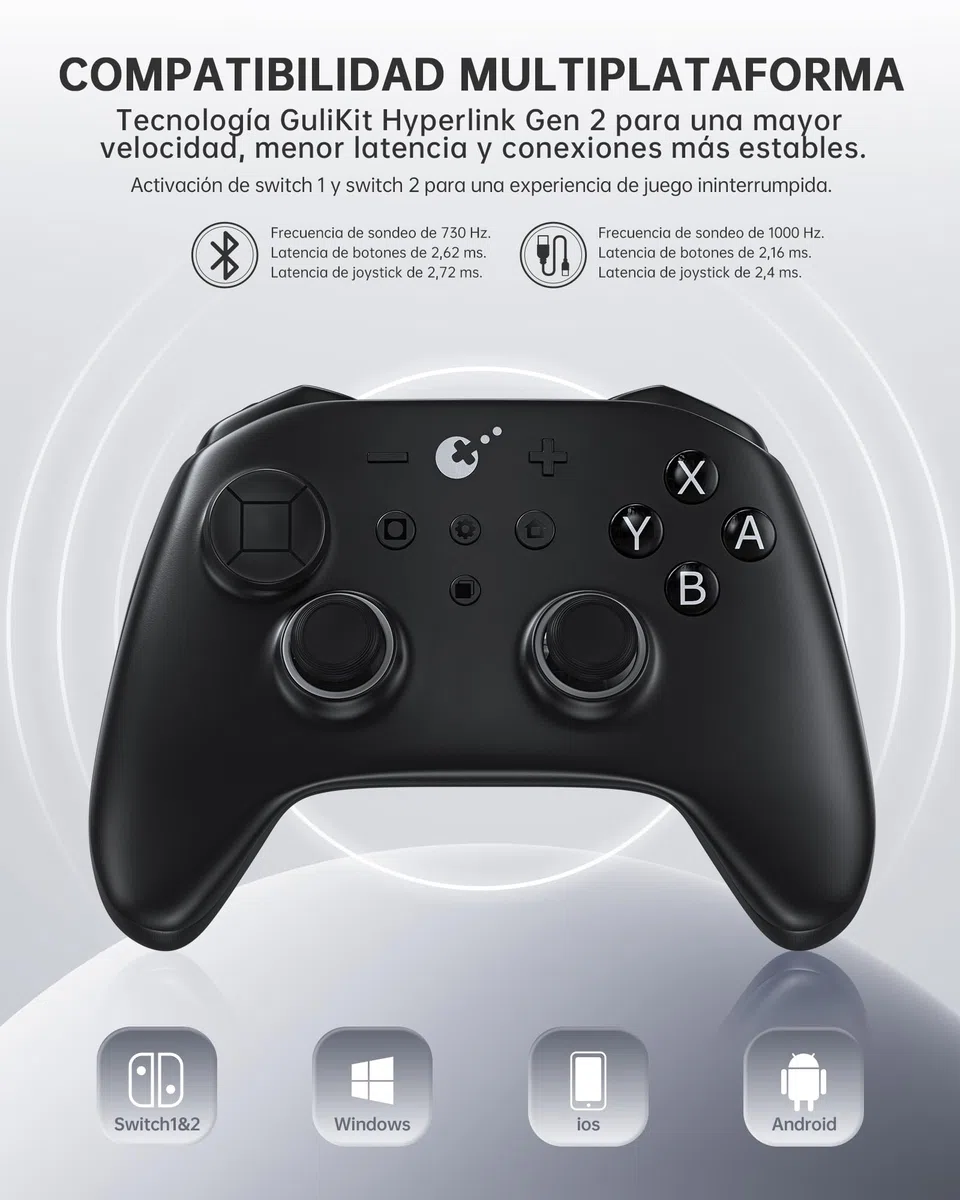 GuliKit TT Mando Inalámbrico para PC, Android, iOS, Switch 1/2, Joystick TMR, con Batería de 950 mAh, Función de Activación (Negro, TT MAX)