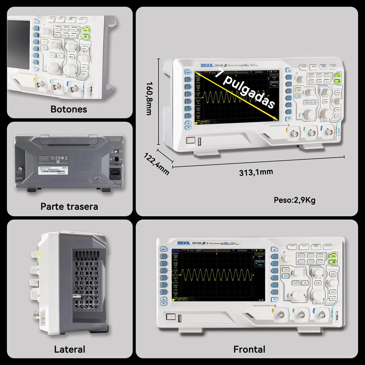 RIGOL Osciloscopio,DS1202Z-E Osciloscopio Digital,200 MHz,2 canales+EXT,pantalla de fósforo HD de 7 pulgadas,Alta relación calidad-precio,ideal para I+D,mantenimiento y enseñanza en laboratorio