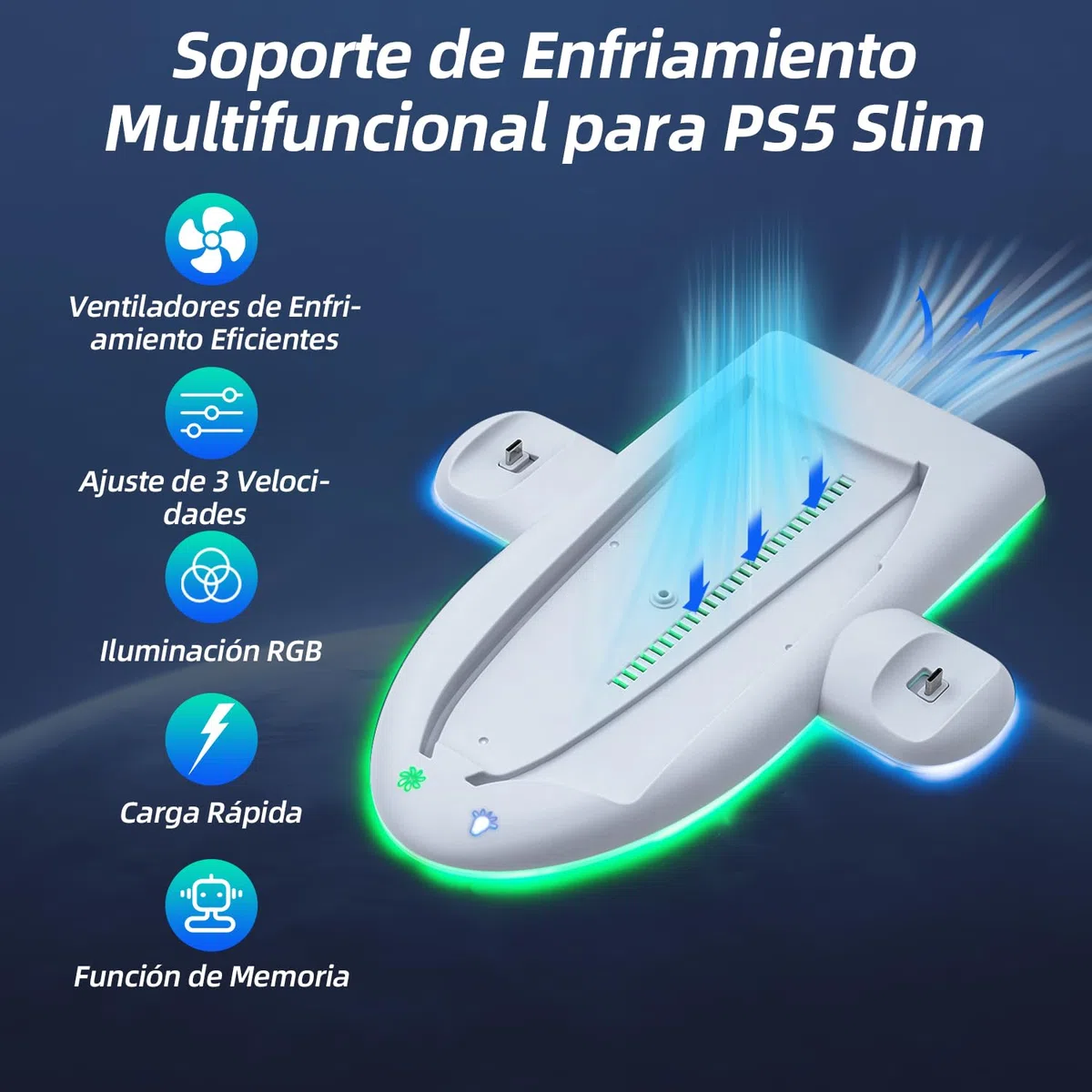 Wigearss PS5 Slim Soporte Vertical Ventiladores de Refrigeración, Soporte Multifuncional con Velocidad del Ventilador Ajustable en 3 Niveles, 9 Luces RGB para Consola PS5 Slim(No para la PS5/PS5 Pro)
