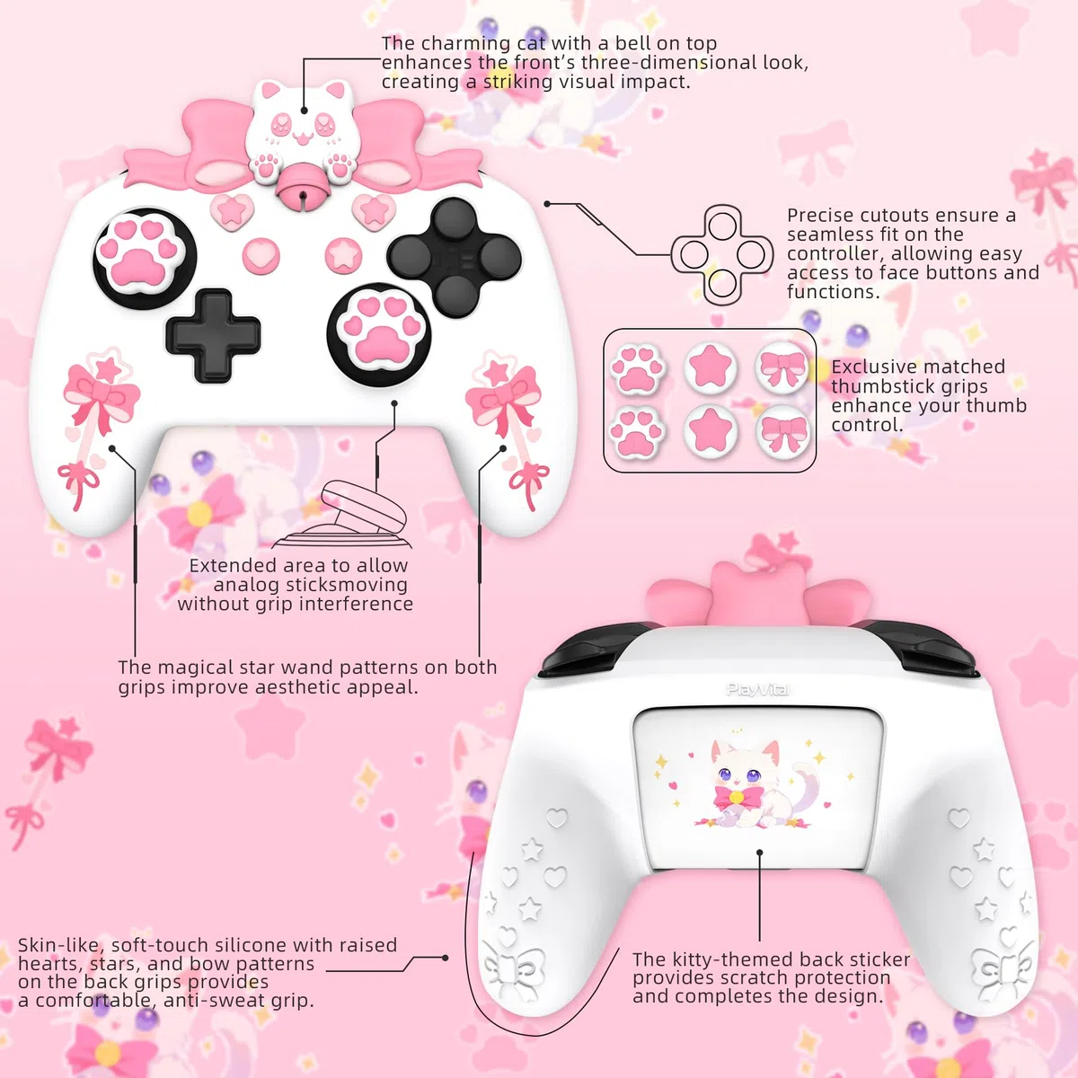 PlayVital Funda de Silicona para Nintendo Switch Pro - Carcasa Protectora Antideslizante con Tapas de Joysticks y Pegatinas Decorativas, Diseño Sweetheart Kitty (Blanco)