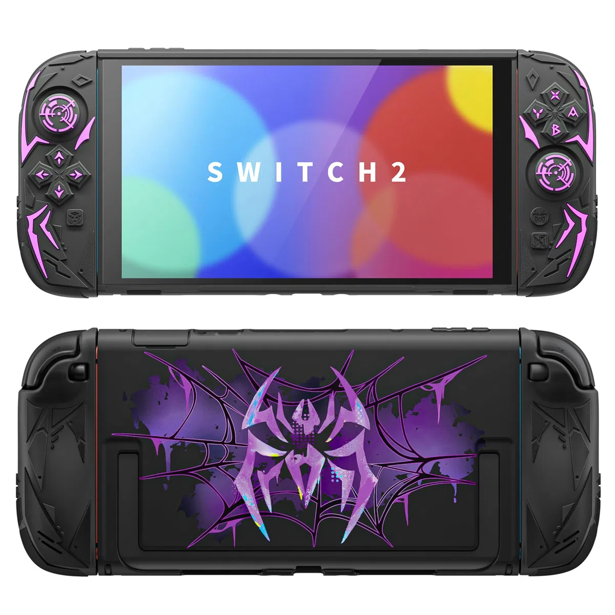 PlayVital Funda Protectora para Nintendo Switch 2, Carcasa Rígida y Agarre de Silicona Antideslizante, Ergonómica y Antigolpes con Tapas para Joystick - Diseño Cyber Spider (Negro)