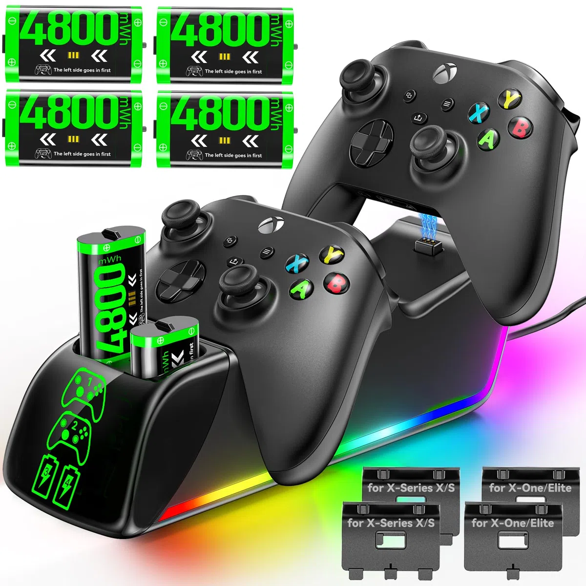Base de Carga para X-Box Mando y Baterías, 4x4800mWh (4x2000mAh) Baterías para Mando X-Box Series/One X/S/Elite, Cargador para Mando XSX con 4 Baterías Recargables y 4 Tapas de Batería