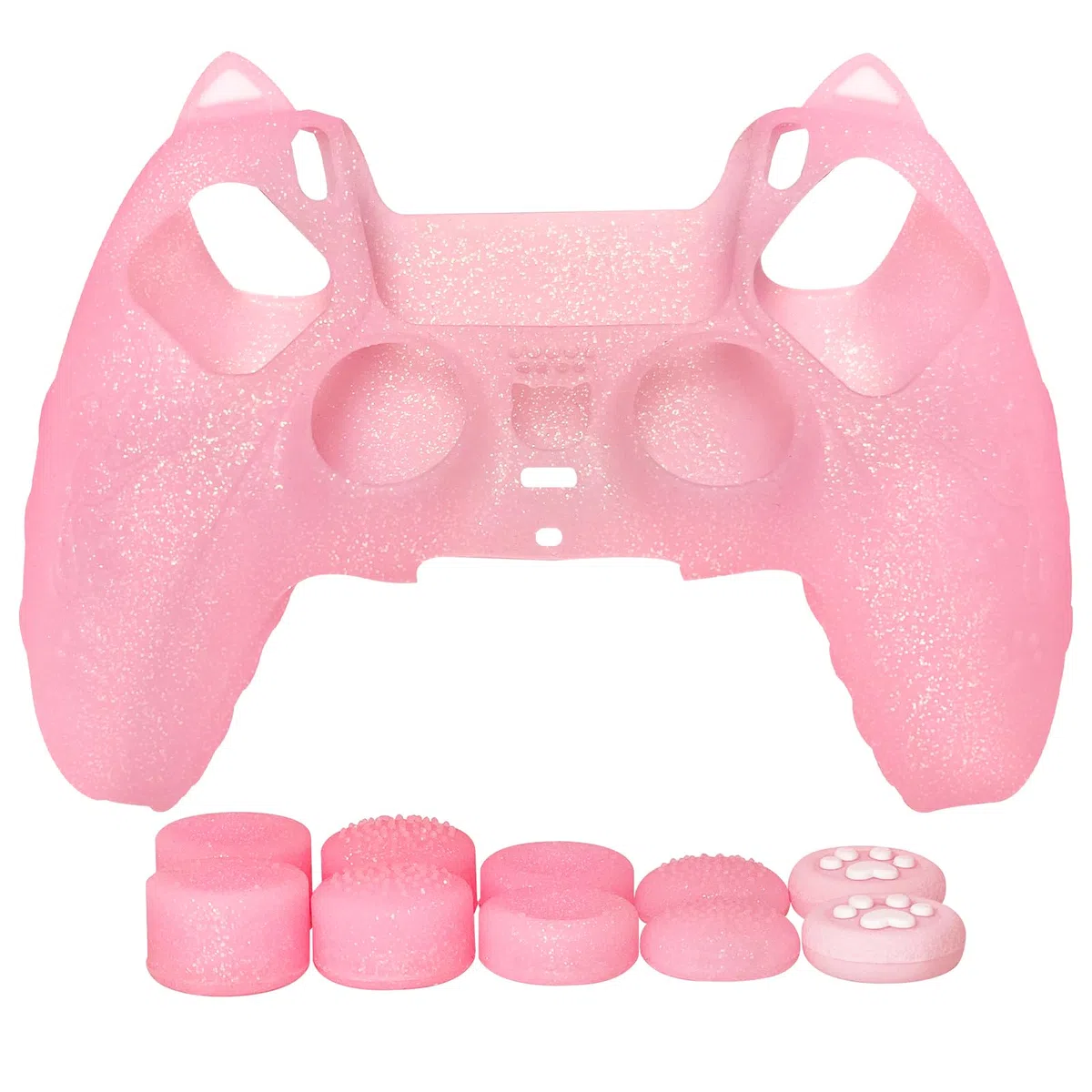 Funda Protectora de Silicona Antideslizante con Purpurina de Gato Rosa Compatible con Controlador PS5/Slim/Pro, 8 Tapas de Agarre para Pulgar con Purpurina y 2 Tapas de Agarre de Patas.
