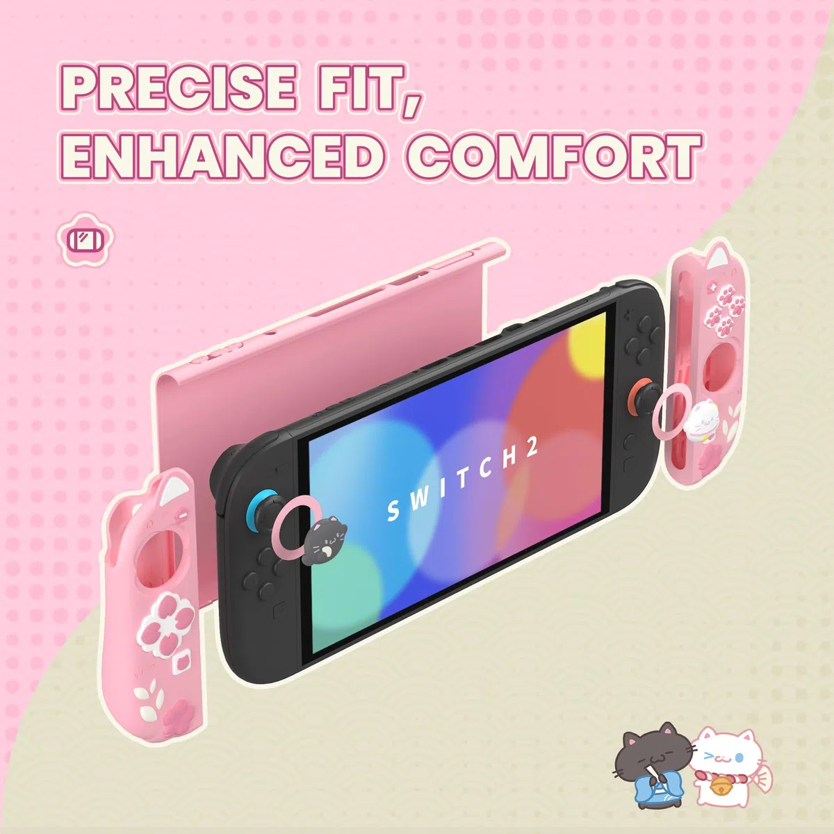 PlayVital Funda Protectora para Nintendo Switch 2 (2025) - Agarre de Silicona con Carcasa Trasera de PC, Protector con Soporte Plegable y Tapas para Joysticks, Diseño Gatito Lindo (Rosa)