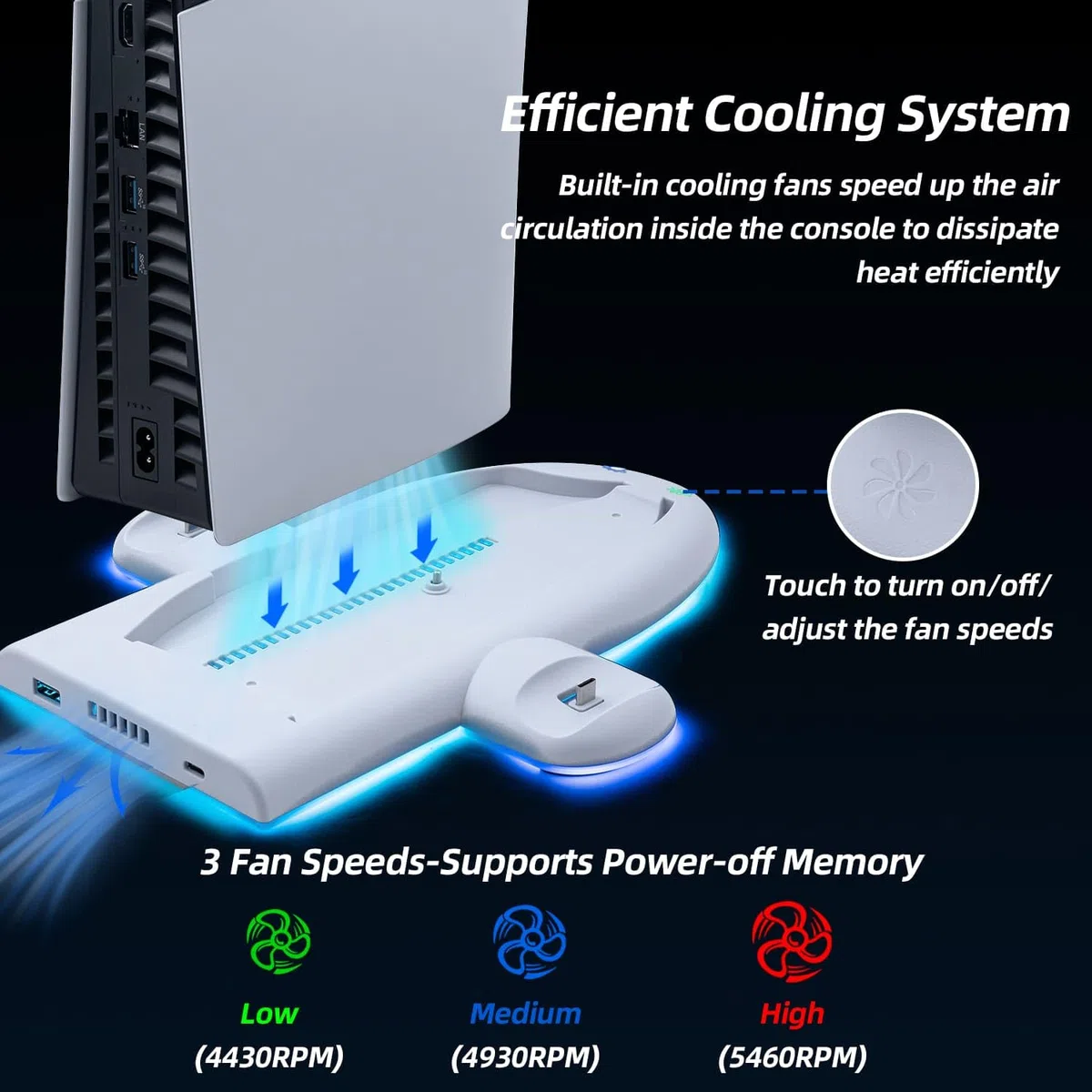 Mcbazel Stand para PS5 Slim, Base de Enfriamiento RGB de 3 Velocidades, Estación de Carga Dual para Controladores con Función de Memoria.(No para PS5/PS5 Pro)