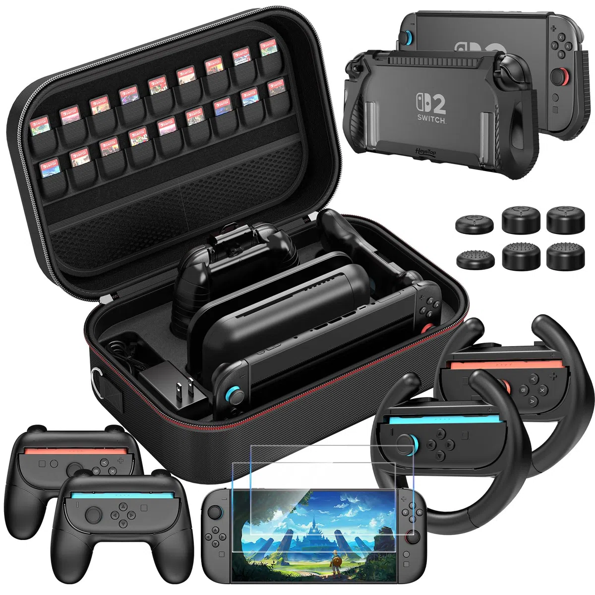 HEYSTOP Funda para Nintendo Switch 2 Paquete de Accesorios con Carcasa Protectora para Switch 2 Película Templada para Switch 2,Volante de Carreras y Funda de Joycon para El Mando de Nintendo Switch 2
