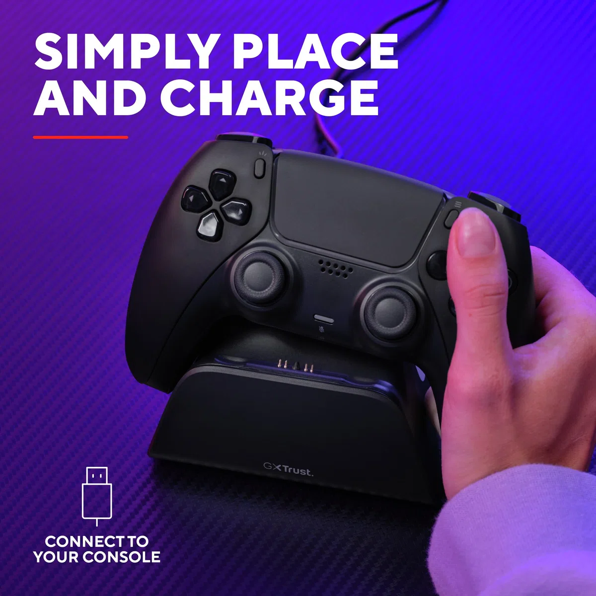 Trust GXT 255 Cargador Mando PS5 DualSense, Cargador PlayStation 5 con Diseño Place-on, Carga Rápida, Iluminación LED, Alfombrilla Antideslizante, Cable USB-C-C Incluido, Accesorios PS5, Negro