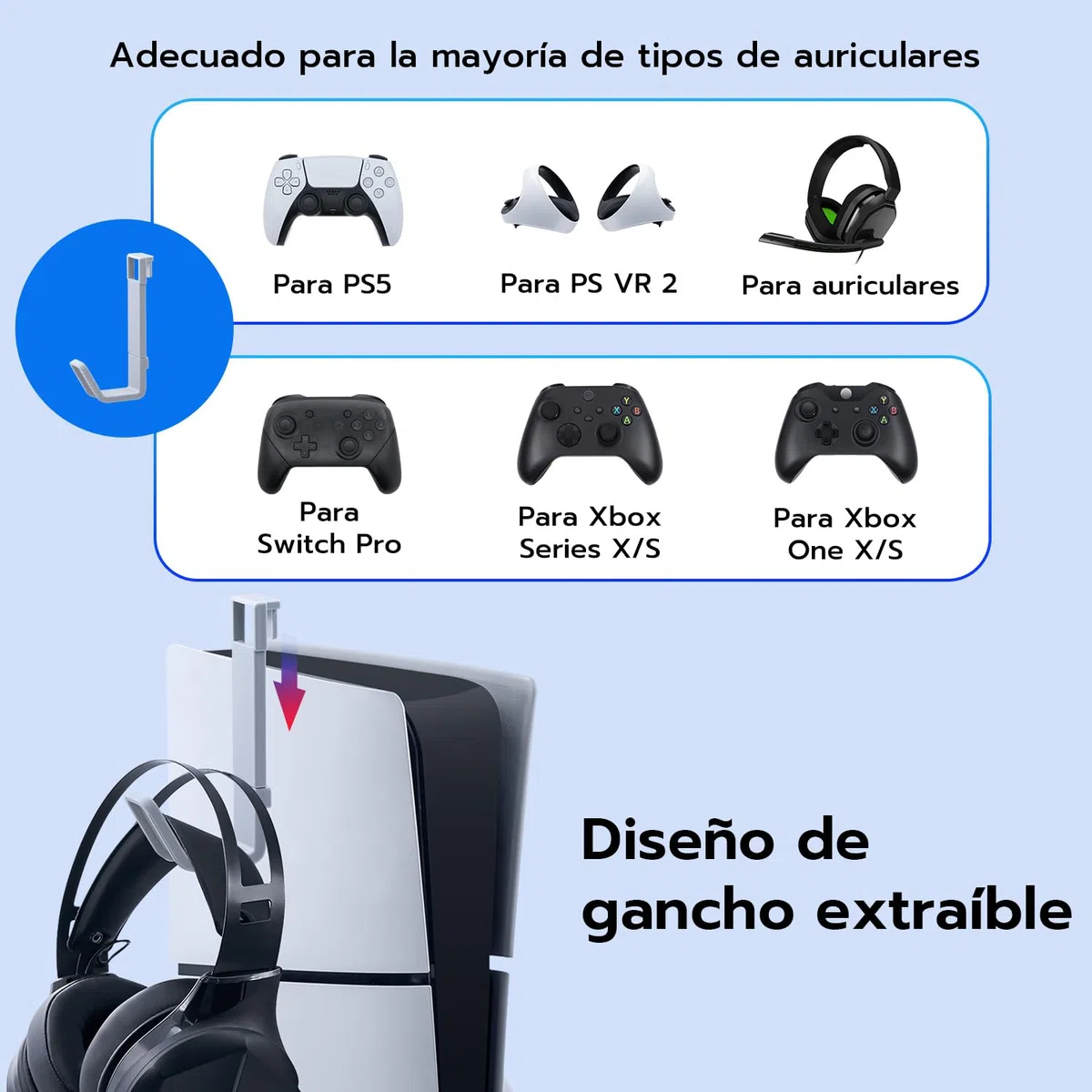 Soporte para PS5 Slim, Estación de Carga con LED para PS5 Slim Digital/Disc Edition, Base de Cargador para Controlador Dual PS5 con Soporte para Auriculares - Blanco - No para PS5/PS5 Pro