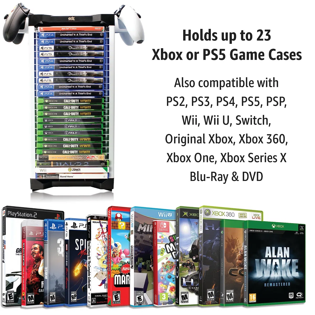 ADZ Soporte para juegos,Almacena 23 discos de juego o Blu Ray, Xbox Series X, Switch Games y discos Blu-Ray. Incluye 2 soportes para auriculares o controladores