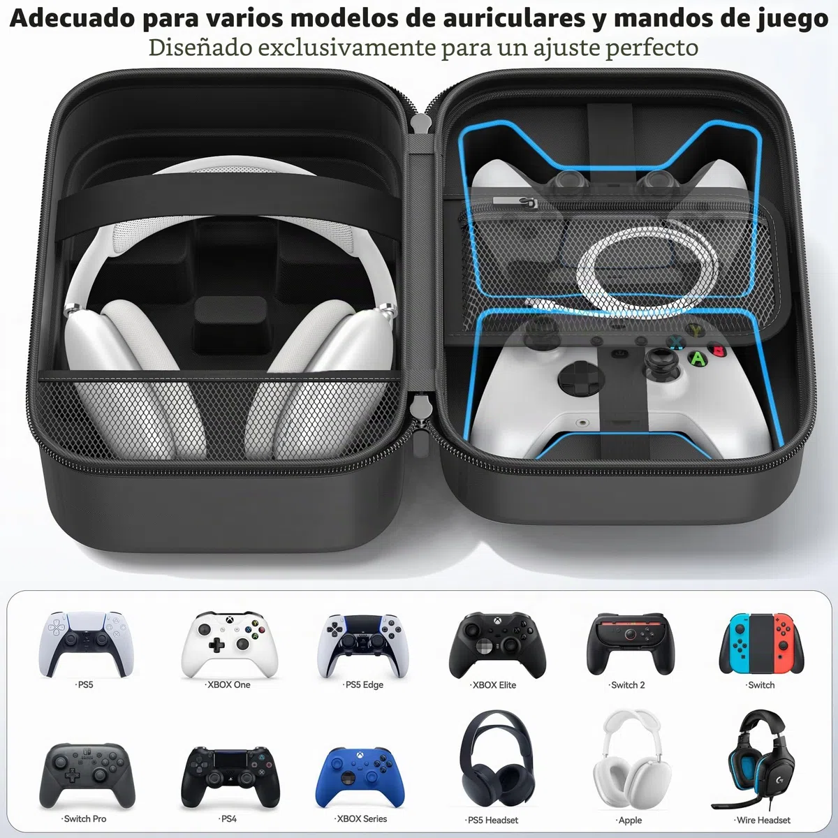 Funda Universal para Auriculares y Mandos, Estuche para Mandos de PS5/Switch/Xbox, Funda Auriculares Diadema de Gran Capacidad, Organizador Portátil para Accesorios Videojuegos con Bolsillo para Cable