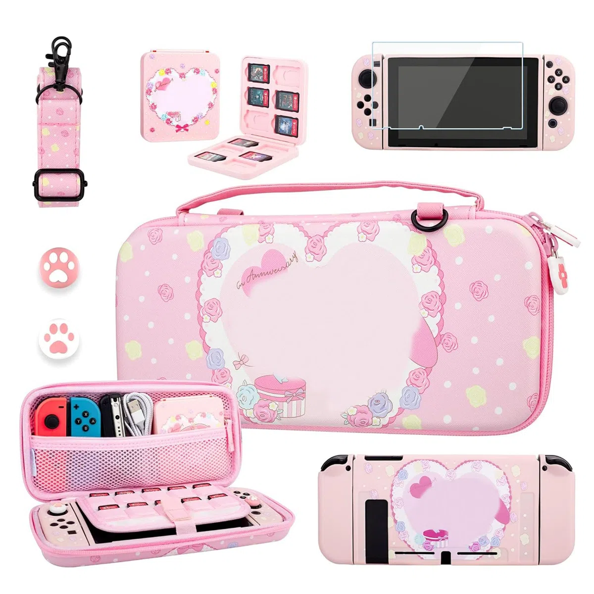 RHOTALL funda de transporte para Nintendo Switch, accesorios para Switch con carcasa protectora, correa de hombro, funda para tarjeta de juego, protector de pantalla y 2 tapas para el pulgar - rosa