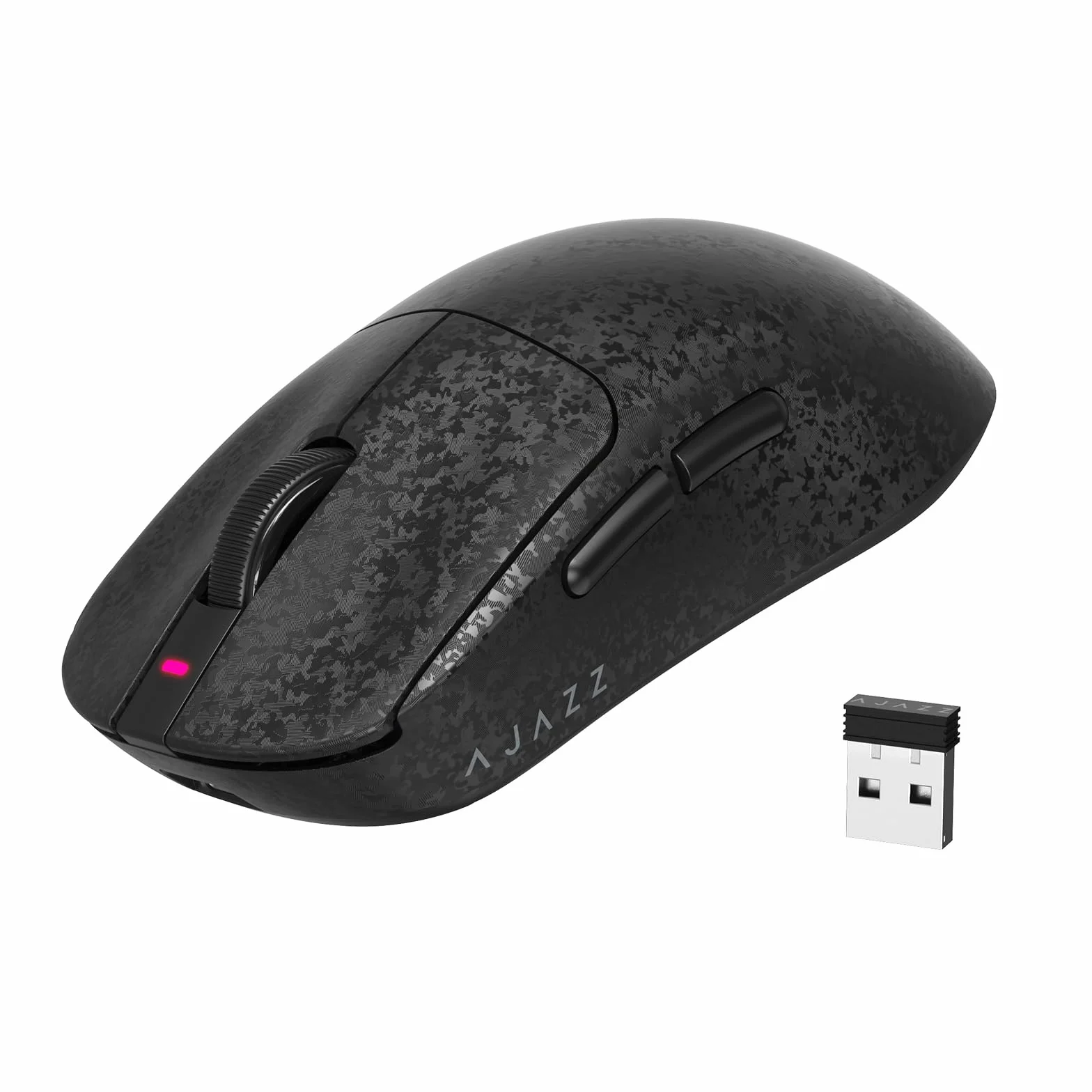 A.JAZZ AJ199 Ratón Gaming de Fibra de Carbono, Wireless 2.4G/BT/USB-C Trimodo, Ultraligero 55g, Sensor óptico PixArt PAW3311 con 24000 dpi y Sondeo de 1000, Mice Gamer Oficina, PC/Mac - Negro
