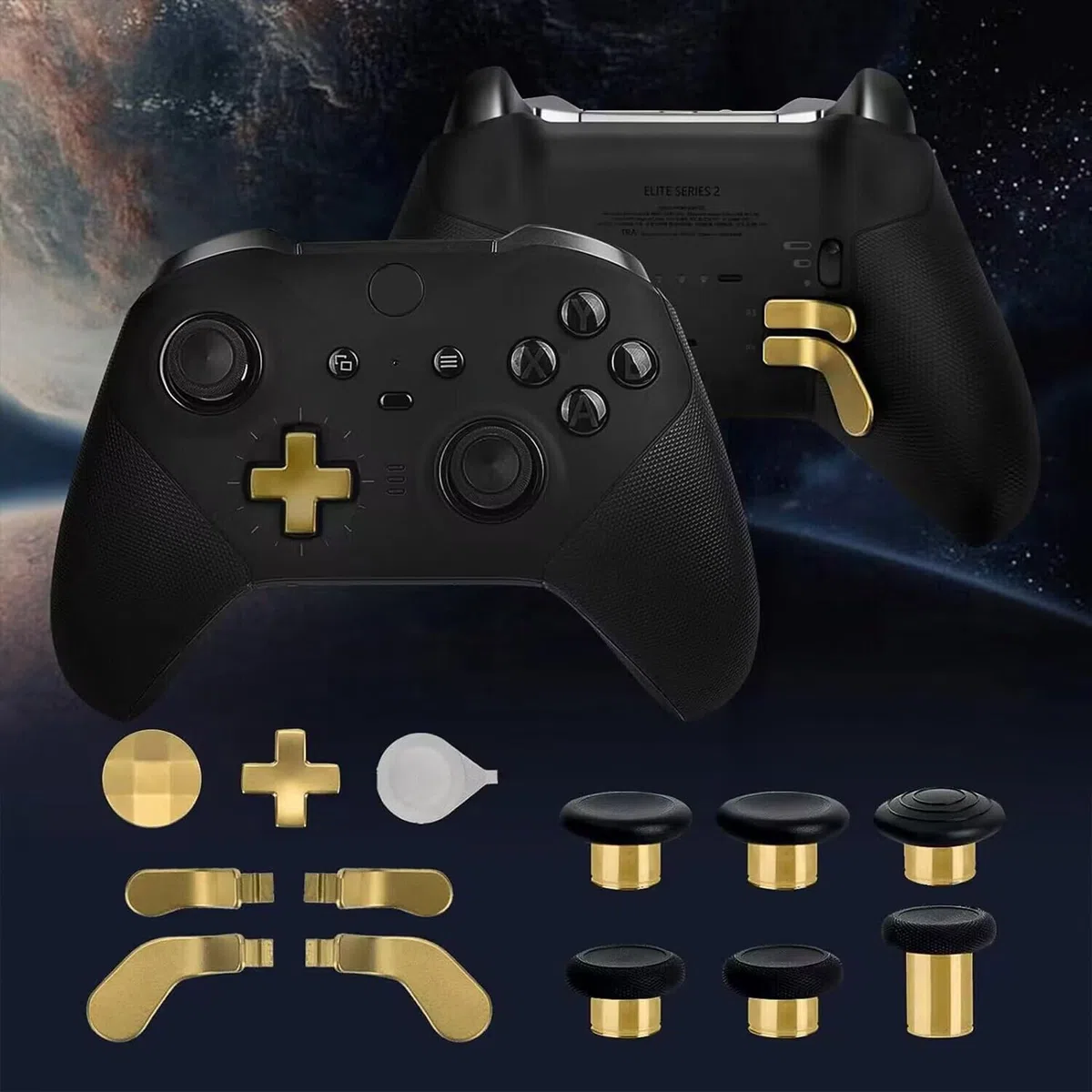 13 in 1 Metal Thumbsticks for Xbox Elite Controller Series 2 Accessories, Replacement Magnetic Buttons Kit Includes 6 Metal Plating Joysticks, 4 Paddles, 2 D-Pads, 1 Adjustment Tool (Chrome Gold)