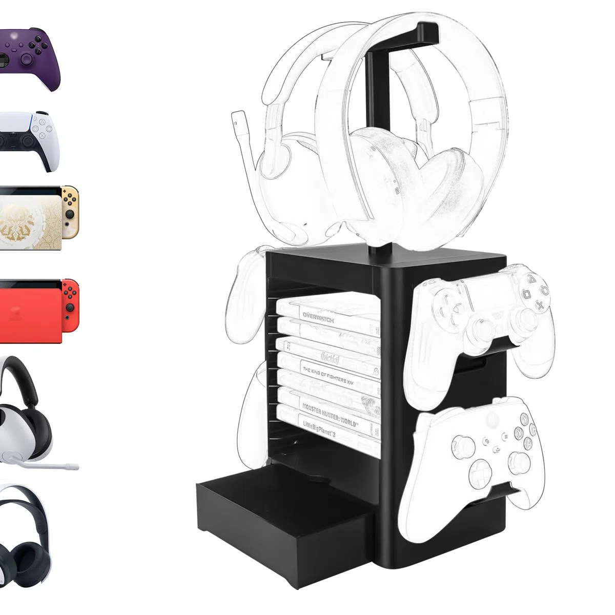 GEEKRIA Soporte de Almacenamiento multifunción para Juegos Compatible con PS5/PS4/XBOX Series X/Xbox One/Nintendo Switch, Estante para Discos de Juegos y Soporte para Controlador/Auriculares (Negro)