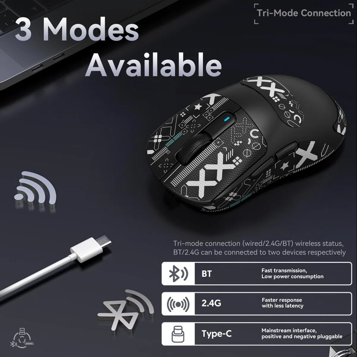 ATTACK SHARK X3 49g Superlight Mouse con Cinta, PixArt PAW3395 Gaming Sensor, BT/2.4G Wireless/Wired Gaming Mouse, 6 dpi Ajustable 26000, 200 Hrs Battery, Office Mouse para Win11/Xbox/PS/Mac (Negro)