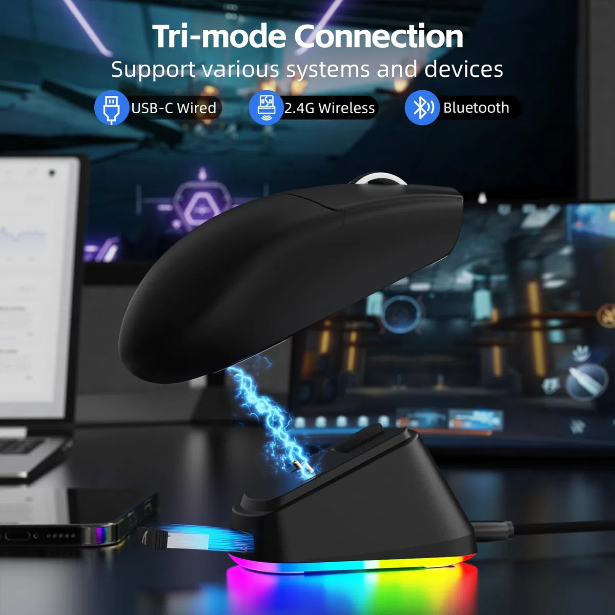 ATTACK SHARK G3PRO Ratón Inalámbrico para Juegos con Base de Carga Magnética, Sensor PixArt PAW3311, 25000 dpi, Bluetooth/2,4GHz/Cable, 100M Clics, 59g Ratón Superligero para PC/Xbox/Mac (Negro)