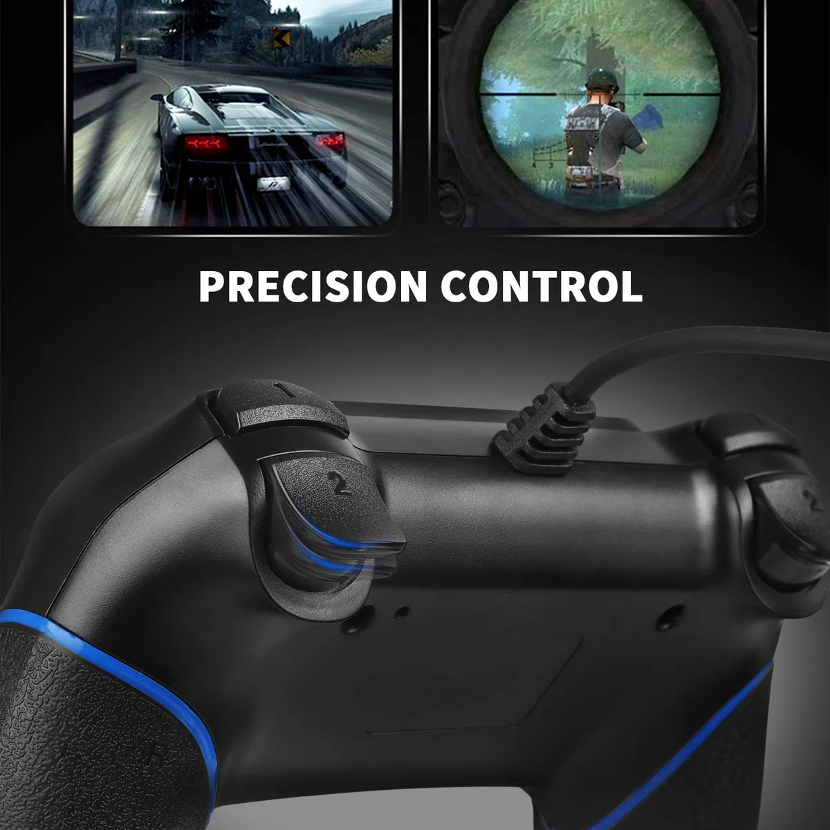 Mando para PS-4, Controlador De Juegos Con Cable para Play-Station4 / Pro/Slim/PC, Gamepad Con Vibración Dual, Agarre Antideslizante y Cable USB De 2,1 m（Negro）