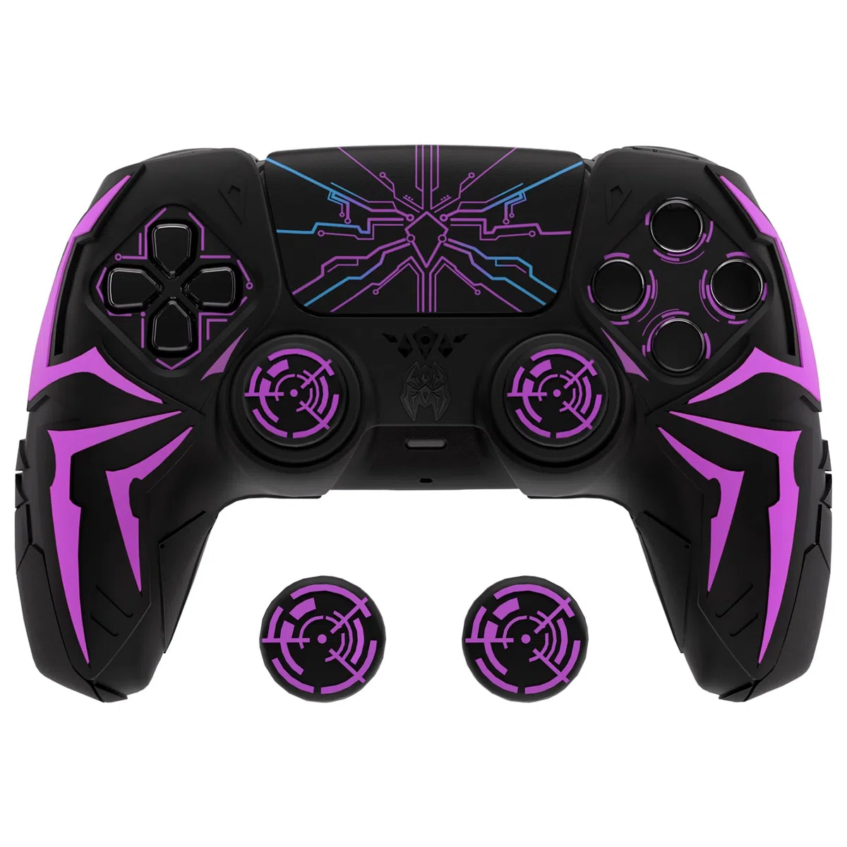 PlayVital Funda de Silicona para ps5 Mando - Diseño Cyber Spider, Antideslizante y Antigolpes, Incluye 2 Agarre de Pulgar y 6 Stickers, Compatible con ps5 Estación de Carga Oficial (Negro & Violeta)