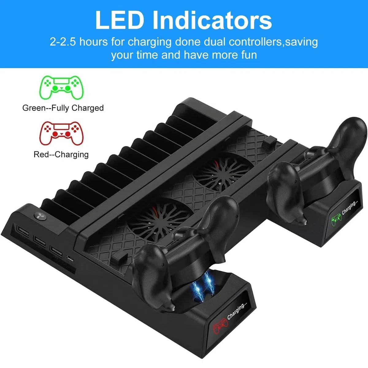 EEEKit Soporte con Ventilador para PlayStation 4, PS4 Pro Ventilador de Refrigeración para PS4 Slim con Estación de Carga para 2 Mandos, Hub USB, Almacenamiento para 12 Juegos