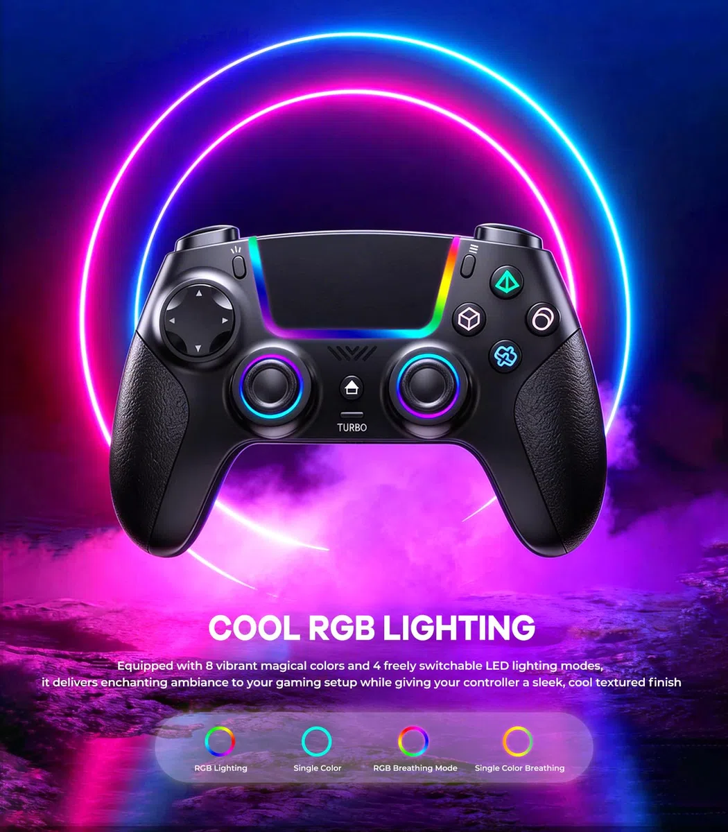 SZPACMATE Mando Inalámbrico para PS4/PS3/Switch/PC/iOS/Android/Steam Deck, con Luces RGB de 8 Colores/Joystick Effect Hall/Batería 1000 mAh/Turbo/Vibración Dual/Programable/Empuñadura Antideslizante