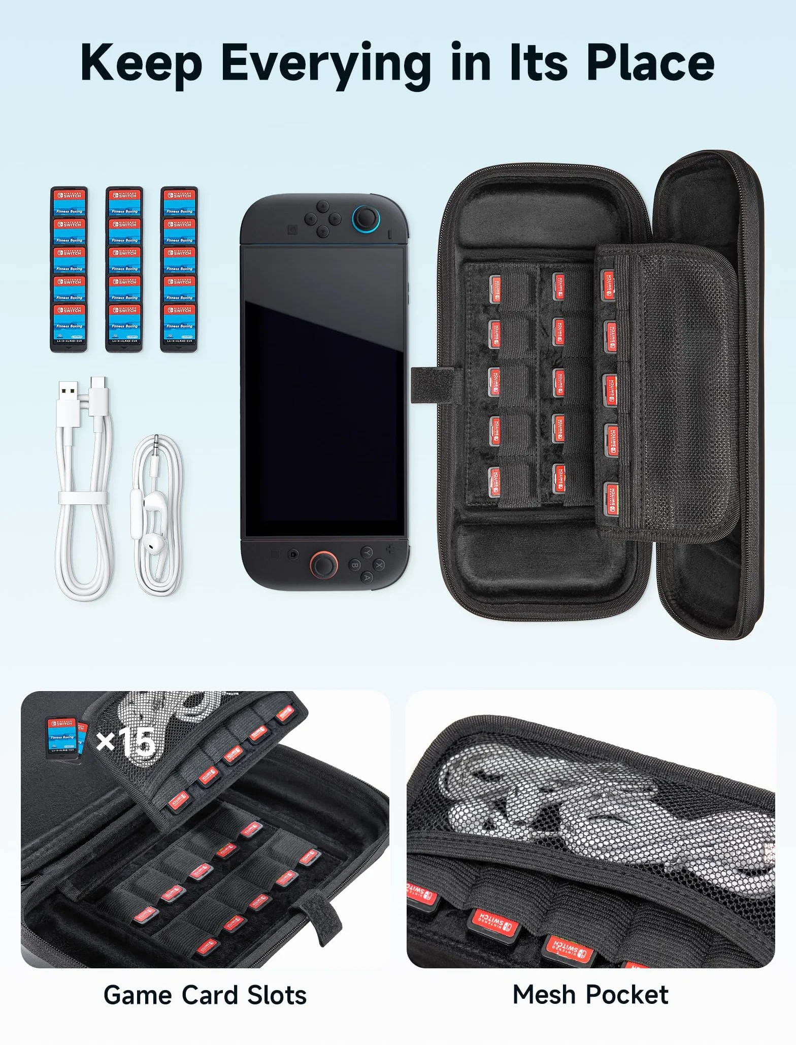 JSAUX Funda Compatible con Nintendo Switch 2 2025, Funda Protectora Rígida con 15 Ranuras para Tarjetas de Juego, Bolsa de Viaje Portátil para la Consola Switch 2 y Accesorios, Negro