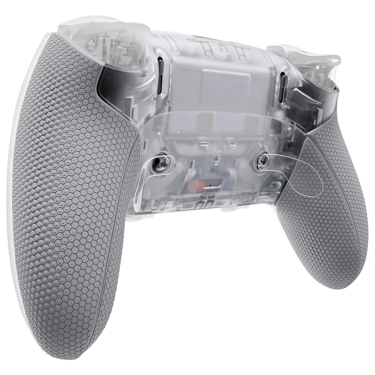 eXtremeRate Beyond ARC Carcasa Inferior Compatible con ps5 Edge Controller Accesorios Placa Cubierta Trasera con Grip de Goma de Repuesto y Marco Decorativo para ps5 Edge Mando (Gris & Transparente)