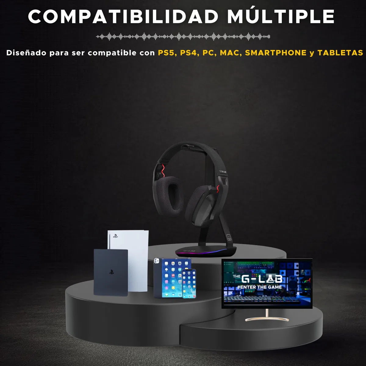 The G-Lab - Korp Platinium - Cascos Gaming inalambricos PC/PS4/PS5 - Auriculares Gaming Triple Modo Bluetooth/2.4Ghz/con Cable - Audio Estéreo, Baja Latencia, Duración 45h – Nuevo