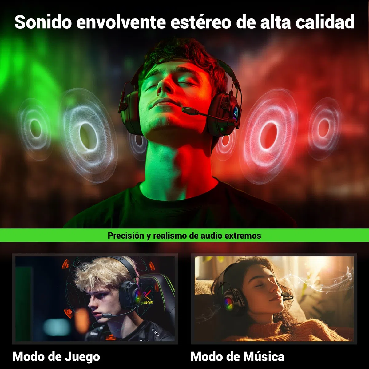 Krysenix KGH2 Cascos Gaming Inalámbricos, 2.4 GHz Auriculares Gaming para PS4, PS5, PC, Mac, Switch, Auriculares Bluetooth con Micrófono, Cancelación de Ruido, Luz LED y Duración 40Hr+, Negro