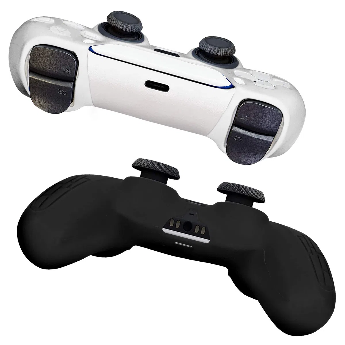 Newseego PS5 Controller Funda [2 Unidades], Funda Protectora de Silicona Suave Antideslizante para la Piel con 16 Piezas de Agarre para el Pulgar para PlayStation5 Controller,Negro + Blanco
