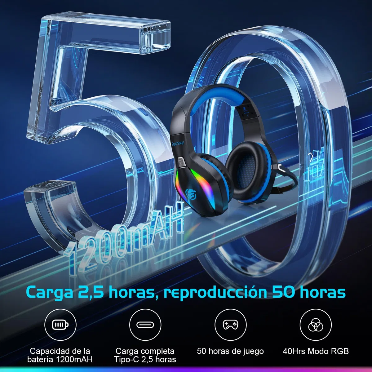 Fachixy「2025 Nuevo」FC100 Cascos Gaming Inalámbricos para PC, PS5, PS4, Auriculares Gaming Inalámbricos de 2,4GHz Wireless+Bluetooth - Baja Latencia, Duración 40Hr+, Luces RGB (Azul-Negro)