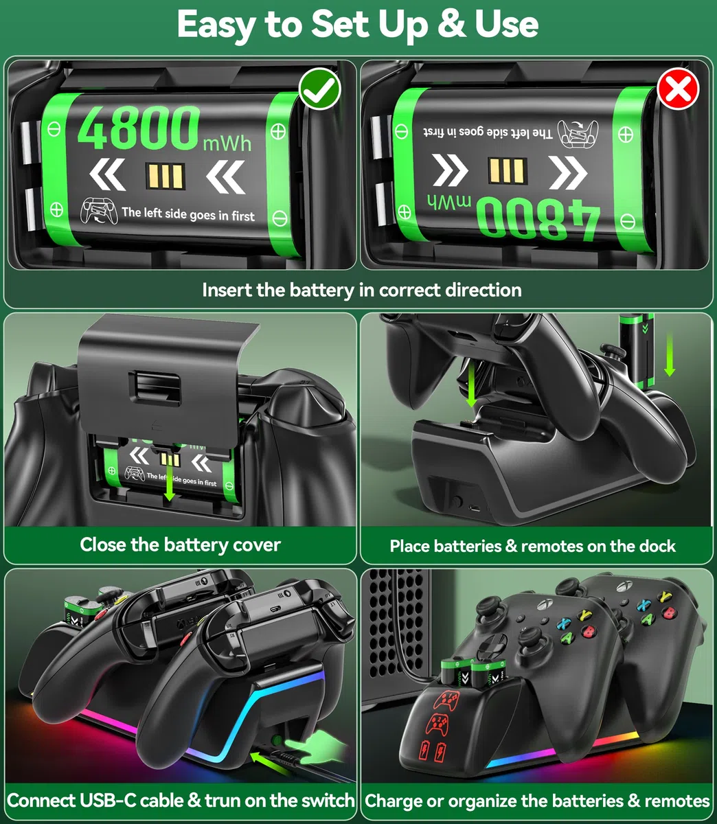 Base de Carga para X-Box Mando y Baterías, 4x4800mWh (4x2000mAh) Baterías para Mando X-Box Series/One X/S/Elite, Cargador para Mando XSX con 4 Baterías Recargables y 4 Tapas de Batería