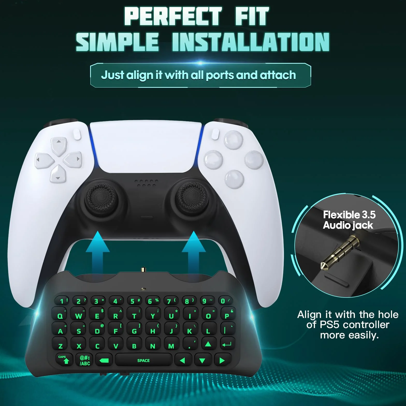 TiMOVO Teclado Inalámbrico Compatible con PS5, Teclado de Controlador Bluetooth con Genial Retroiluminación Verde, 47 Teclas, Altavoz Incorporado, Conector de Audio de 3,5 mm para Mando PS5, Negro