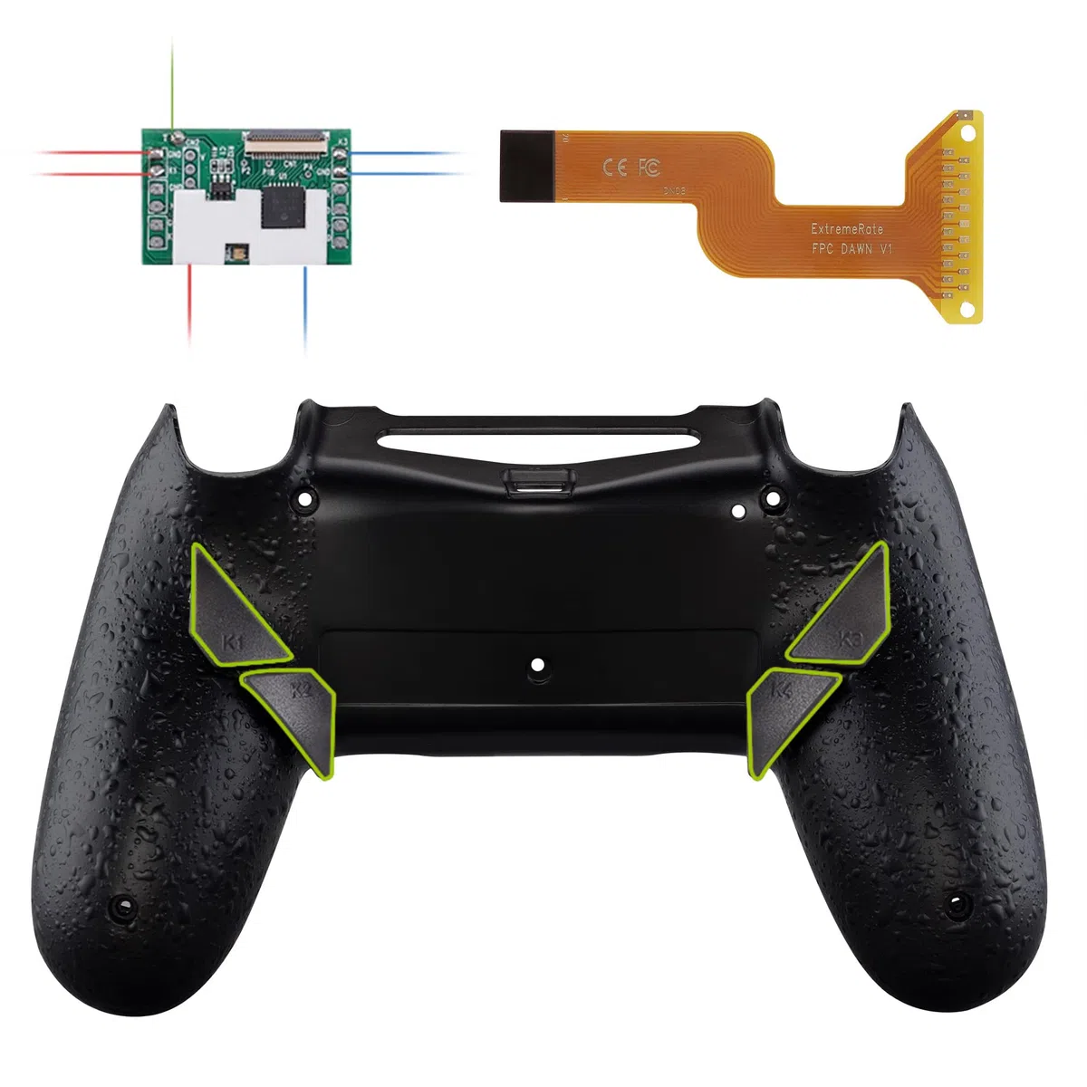 eXtremeRate Dawn Programable Remap Kit Botón de Reasignación para ps4 con Board de Actuelización&Carcasa Trasera Diseñada&4 Botones Traseros para ps4 Mando JDM 040/050/055(Salpicadura Negra)