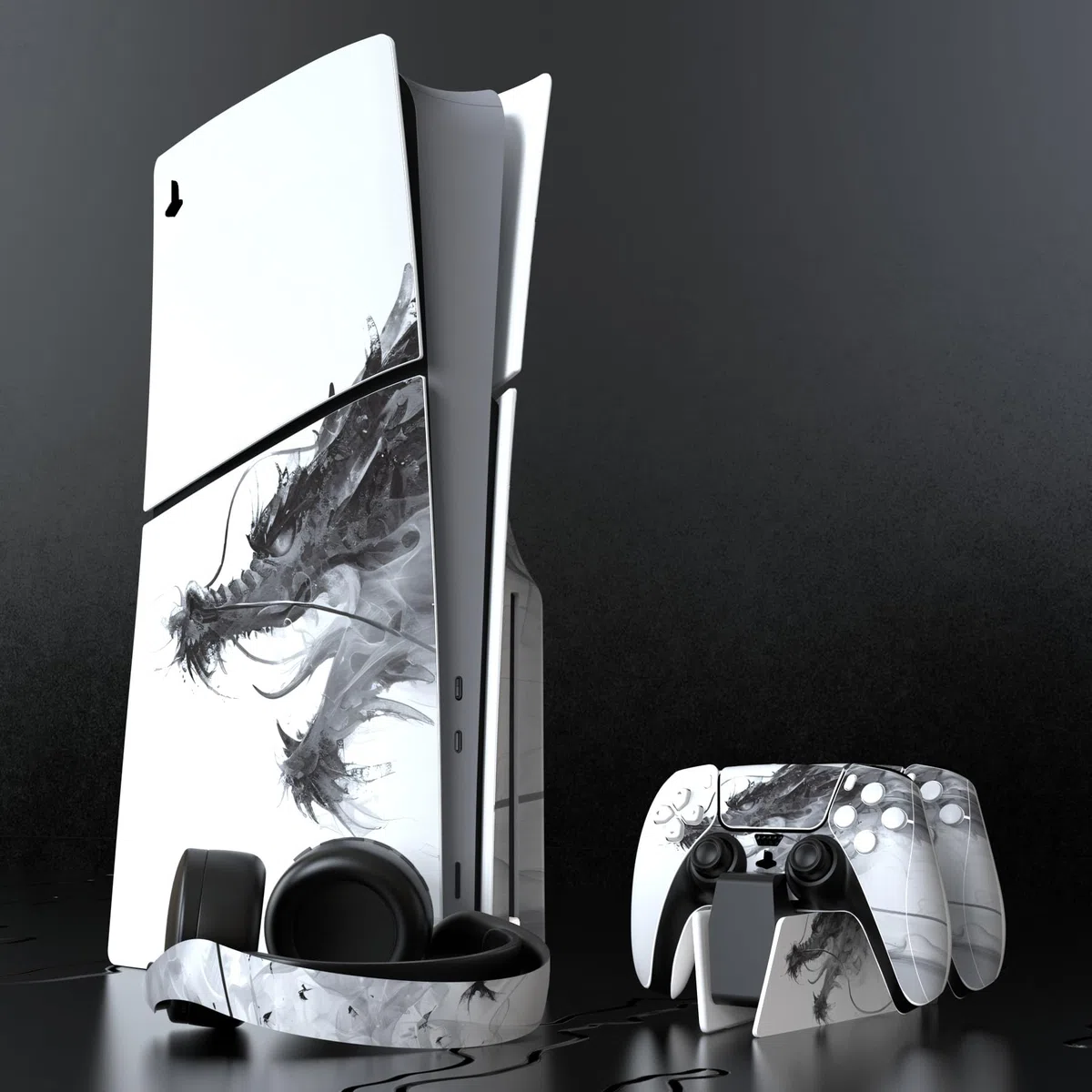 PlayVital Pegatina de Vinilo para ps5 Slim Disc Edición - Adhesivo Completo para Consola, Mando, Auriculares, Estación de Carga y Control Remoto, Skin Personalizada (Dragón De Bruma)