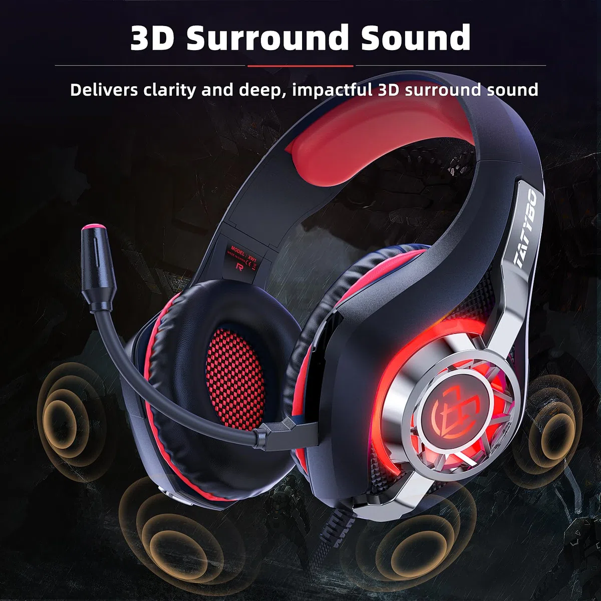 Tatybo Cascos Gaming, Auriculares Gaming con Graves Envolventes 3D, Micrófono Reducción De Ruido Y Almohadillas De Proteína, para Ps4 Ps5 Xbox PC Laptop