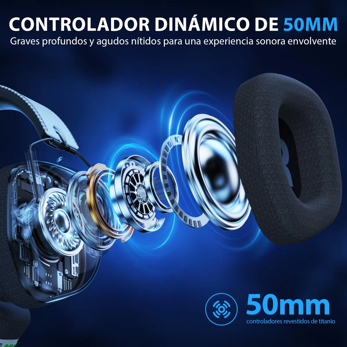 Vakedy Cascos Gaming Inalambricos, 2,4 GHz USB y Auriculares Bluetooth con Micrófono, Ultraligeros, Driver 50 mm, Baja Latencia, Batería 50H, Cascos Gamer para PS5/PS4/PC/Mac/Switch
