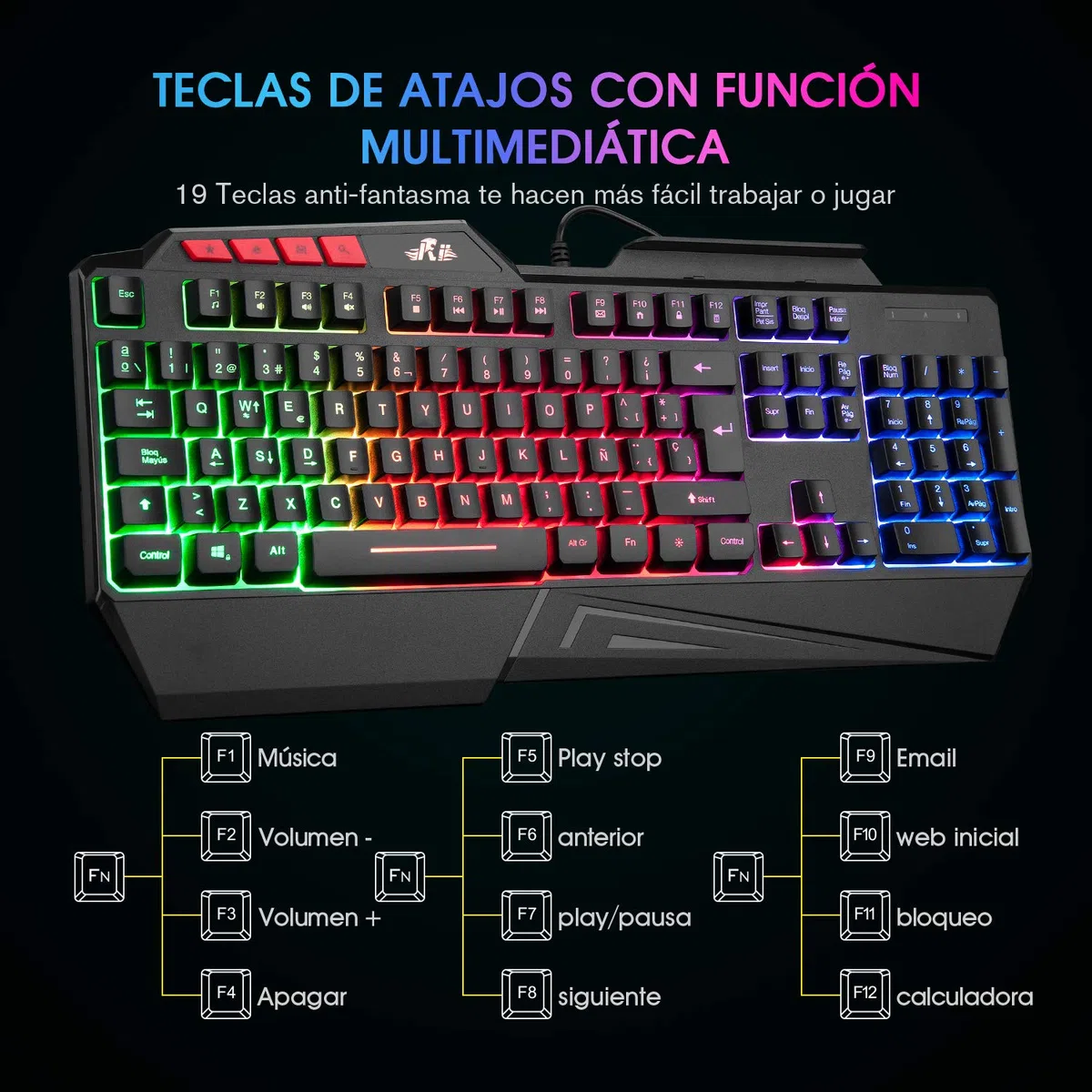 Rii Teclado Gaming, RK202, Retroiluminado LED con Cable USB para PC/Laptop / PS4 / Xbox One (Español, Negro)