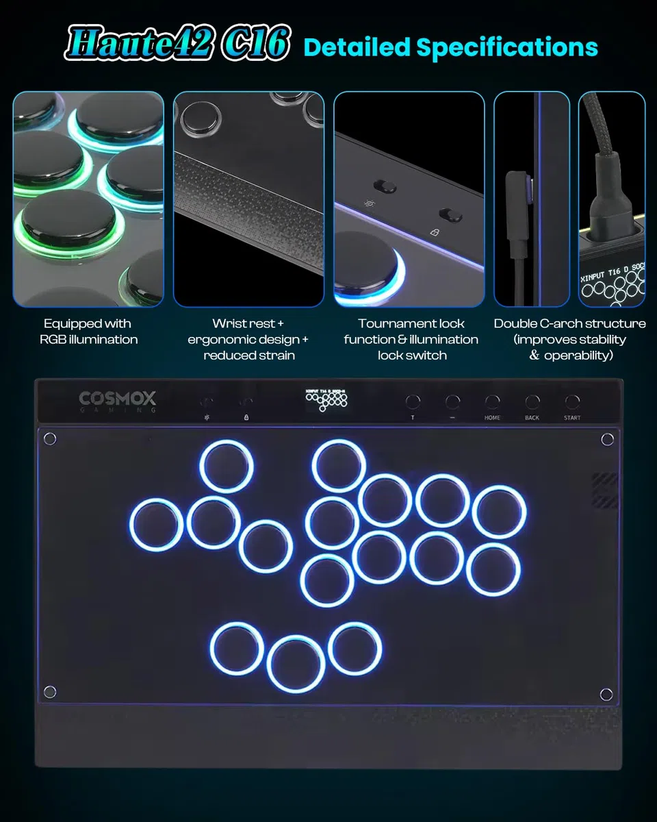 Sehawei Haute42 C16 Leverless Arcade Controller - Magnetic Detachable Panel para DIY Art, RGB Button Rims, Tournament Lock Switch - Compatible con Switch 2/Switch/PC/PS3/PS4/Steam