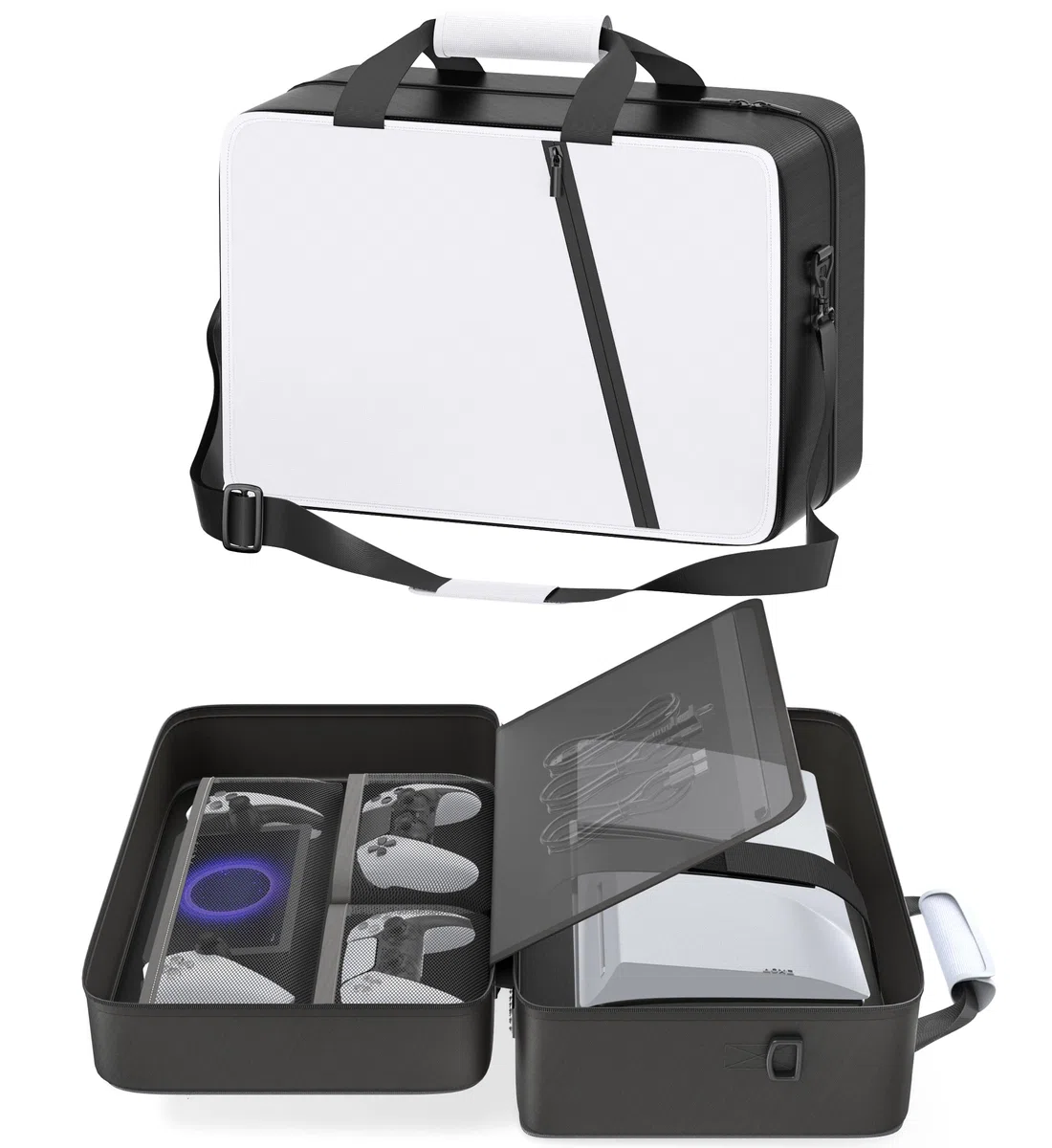 Gersker Bolsa de Viaje para PS5/Slim/Pro Digital & Disc, Funda de Transporte para PS5 de 10 Compartimentos para PS Portal, 4 Tarjetas de Juego, 2 Mandos, Bolsa PS5 de Gran Capacidad, Negro & Blanco