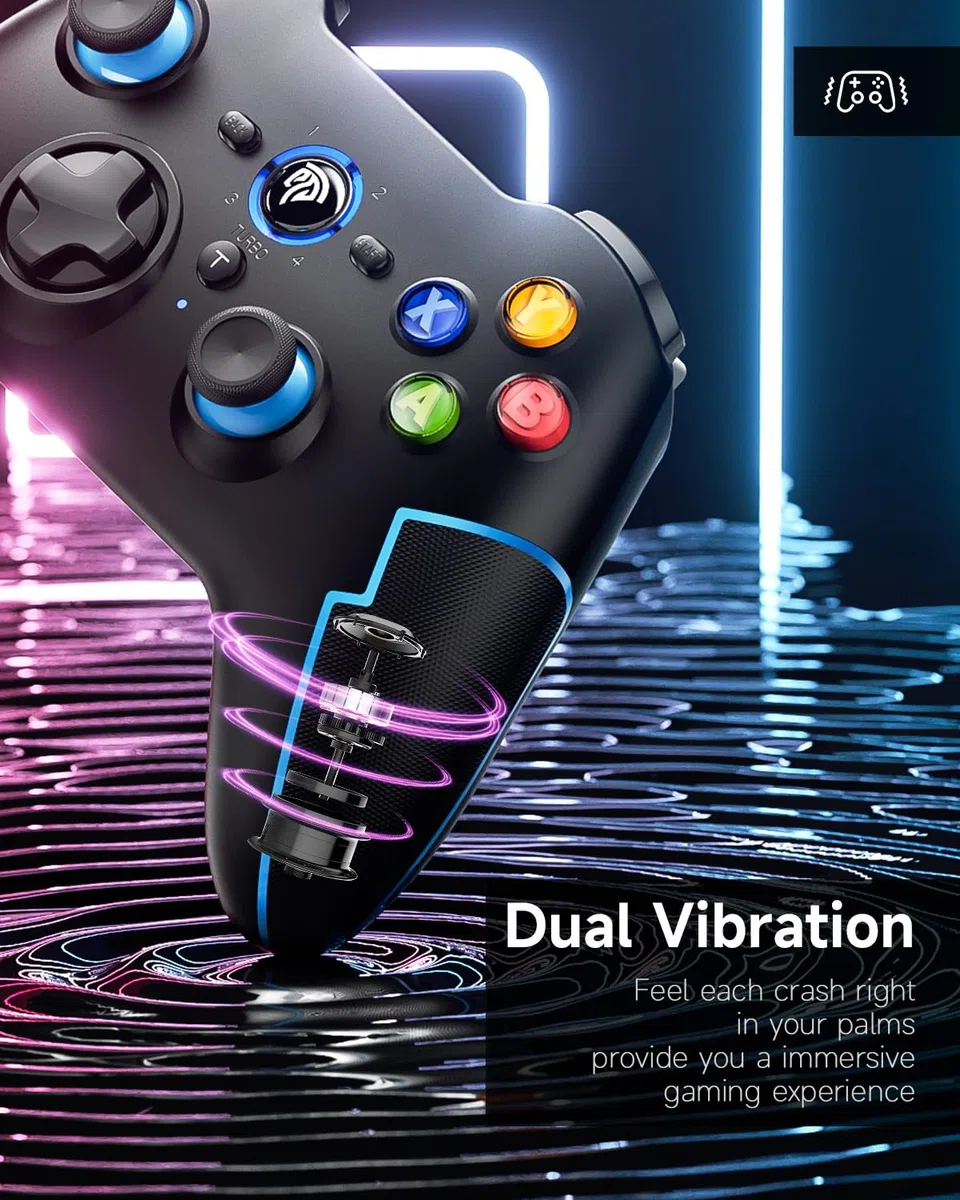EasySMX 2.4G/Bluetooth Mando PC Inalambrico con Hall Trigger - Turbo - Vibración - Batería Incorporada - para PC/PS3/Switch/Android TV Box/Móvil/Tableta/Portátil - Negro con Azul